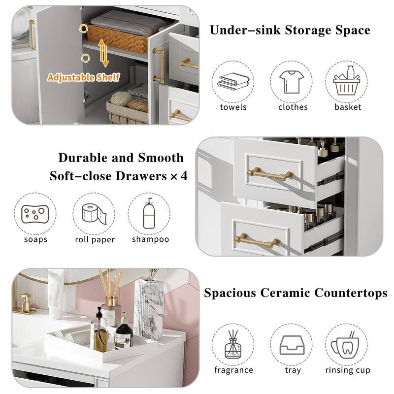 Bathroom Vanity with Ceramic Sink, Bathroom Vanities with Adjustable Shelf, Storage Cabinet with Soft-Close Doors and Drawers