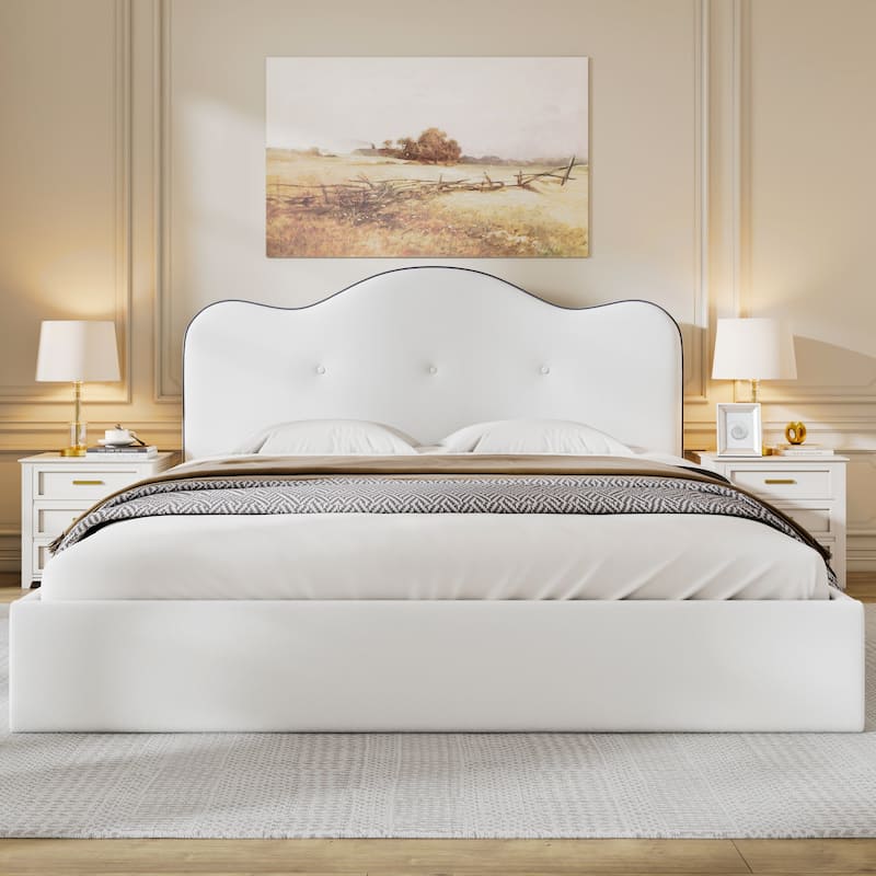 Beige Grounded Platform Bed Frame with Fabric Upholstered Headboard and Wooden Slats Support/No Box Spring Needed/Easy Assembly - Beige - Queen