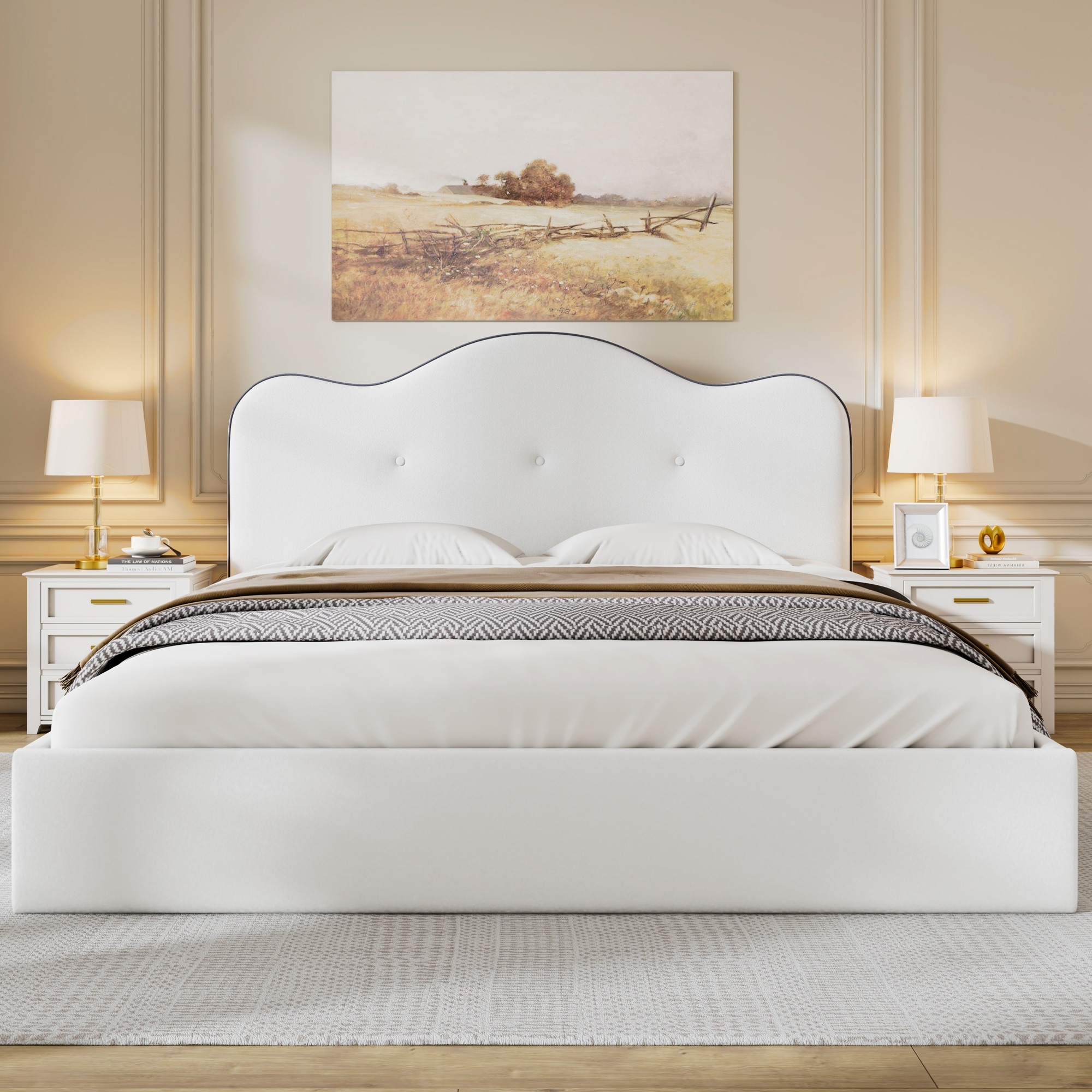 Beige Grounded Platform Bed Frame with Fabric Upholstered Headboard and Wooden Slats Support/No Box Spring Needed/Easy Assembly