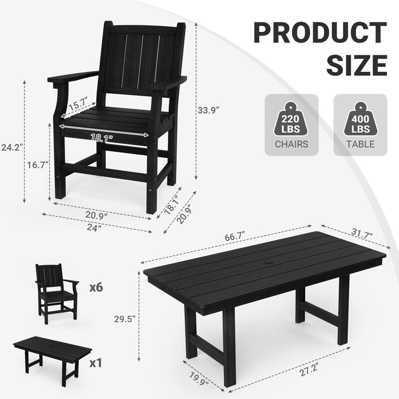 Black 5/7-Piece HDPE Plastic Patio Outdoor Dining Set with Arm Chairs