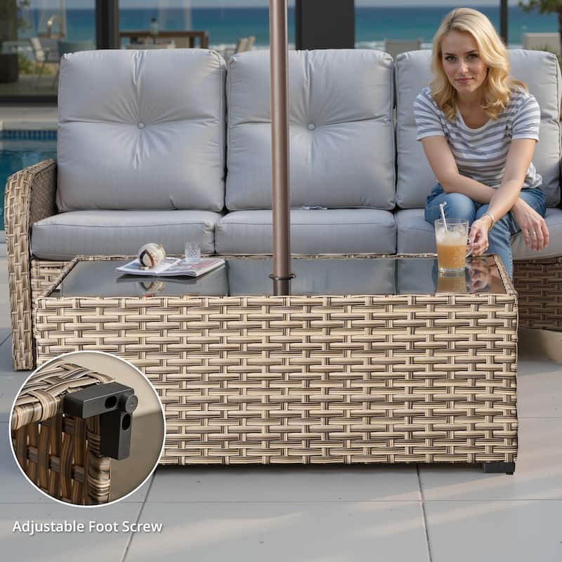 HOOOWOOO Wicker Rattan Patio Rectangle Coffee Table with Umbrella Hole