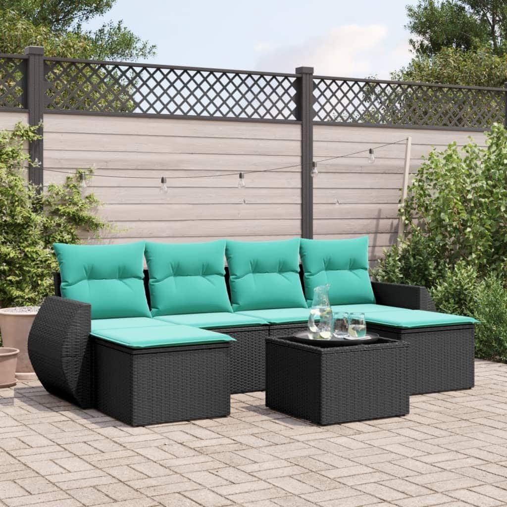 vidaXL 7 Piece Patio Sofa Set with Cushions Black Poly Rattan - 28 x 24.4 x 27.2