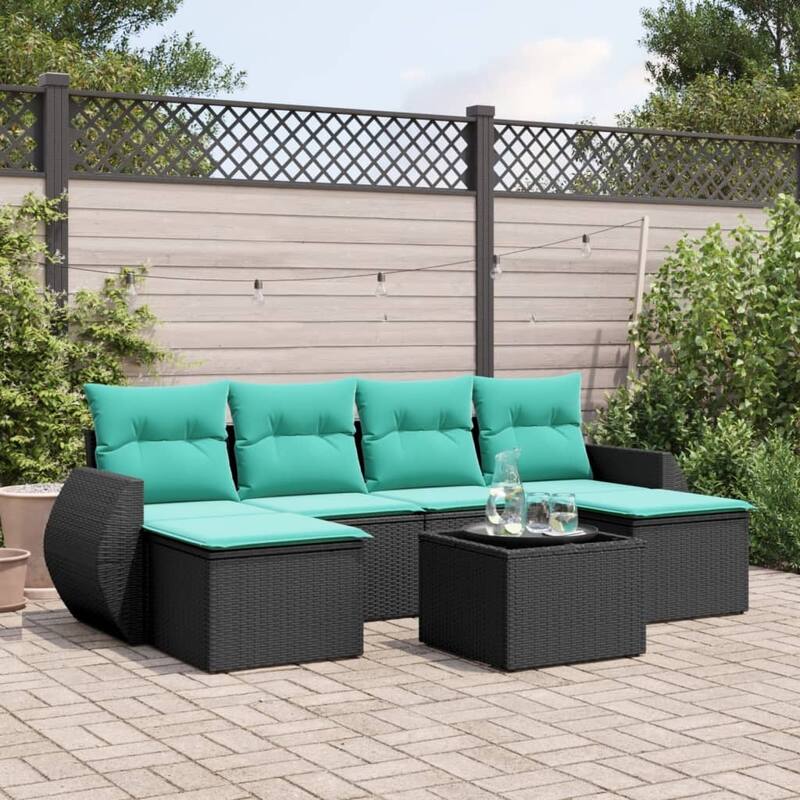 vidaXL 7 Piece Patio Sofa Set with Cushions Black Poly Rattan - 28 x 24.4 x 27.2