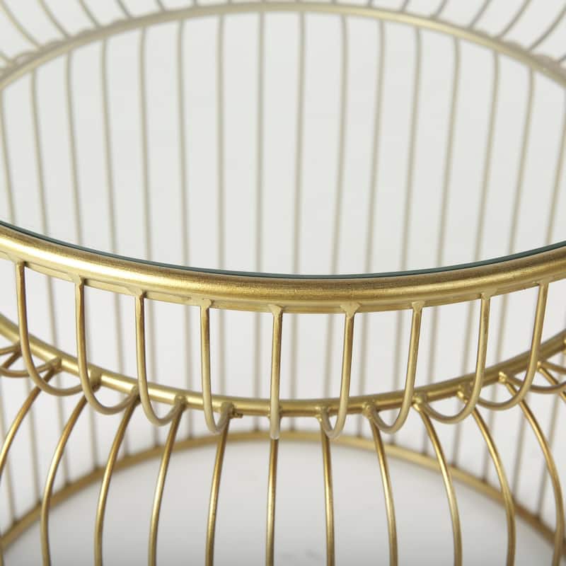 HomeRoots Set of Two Clear and Gold Tempered Glass and Metal Wire Round Drum End Tables - 18.90 in. x 20.08 in. x 18.90 in.