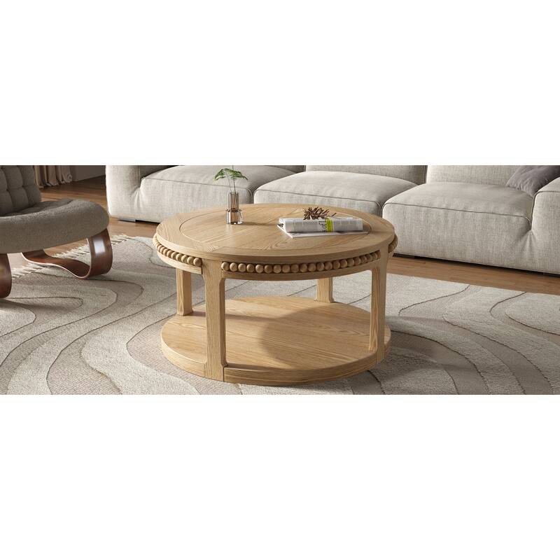 31.5 Inch Round Solid Wood Coffee Table & Sofa Table - Two-Tier Thickened Top, Sturdy Legs, Circle Table for Living Room