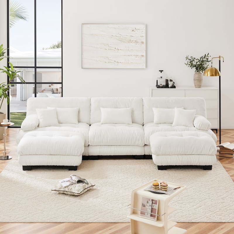 Modular U-shaped Deep Seat Sectional Sofa Couch with 2 Ottomans and Pillows - White