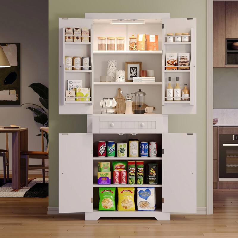 72" Tall Kitchen Pantry Cabinet with Adjustable Shelves, Door Shelves and Drawer,White Large Storage Cabinet with Sensor Light - White