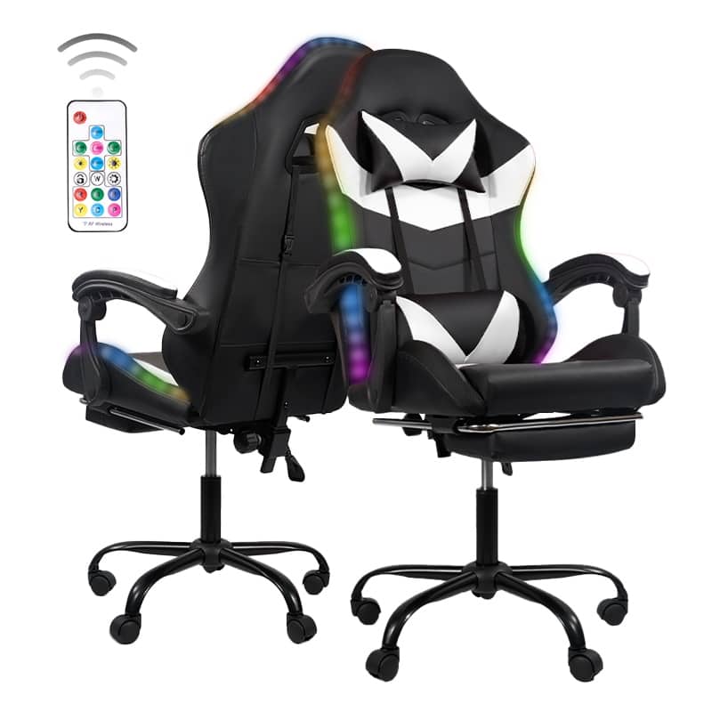 Gaming Chair Black-Blue - Ergonomic PU Seat w/Adjustable Armrests & Metal Legs​ - White