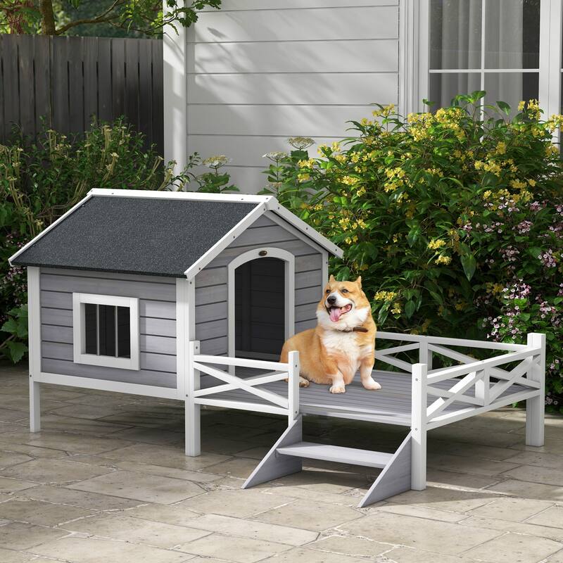 PawHut Wooden Dog House w/ Porch, Water-resistant Roof, for S M Dogs, Gray - Grey - Assembly Required