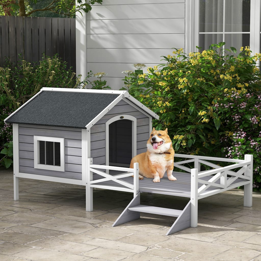 PawHut Wooden Dog House w/ Porch, Water-resistant Roof, for S M Dogs, Gray