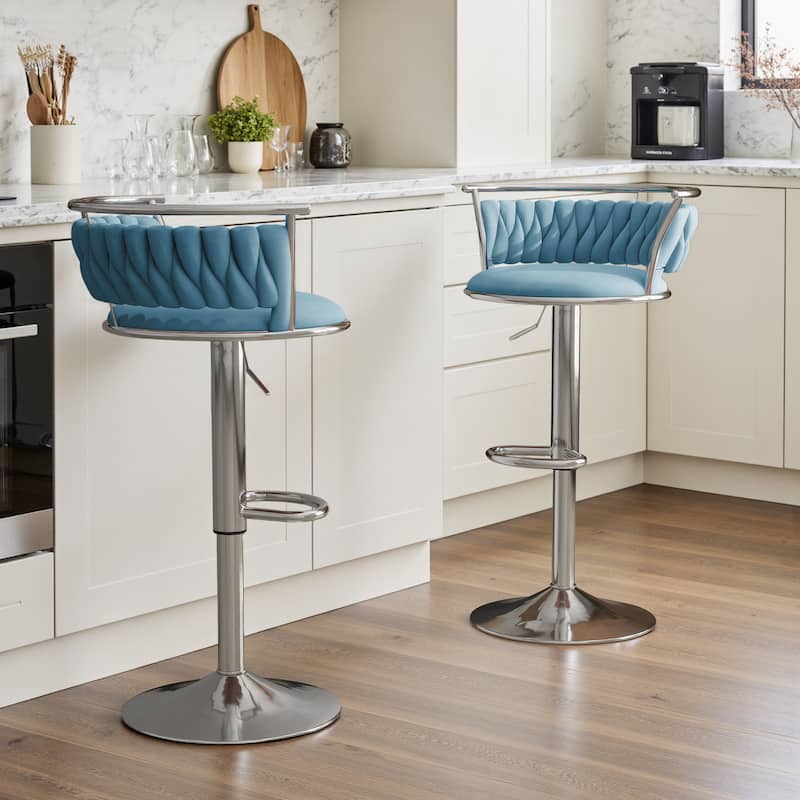 Set of 2 Velvet Adjustable Swivel Bar Stools - Silver/Blue