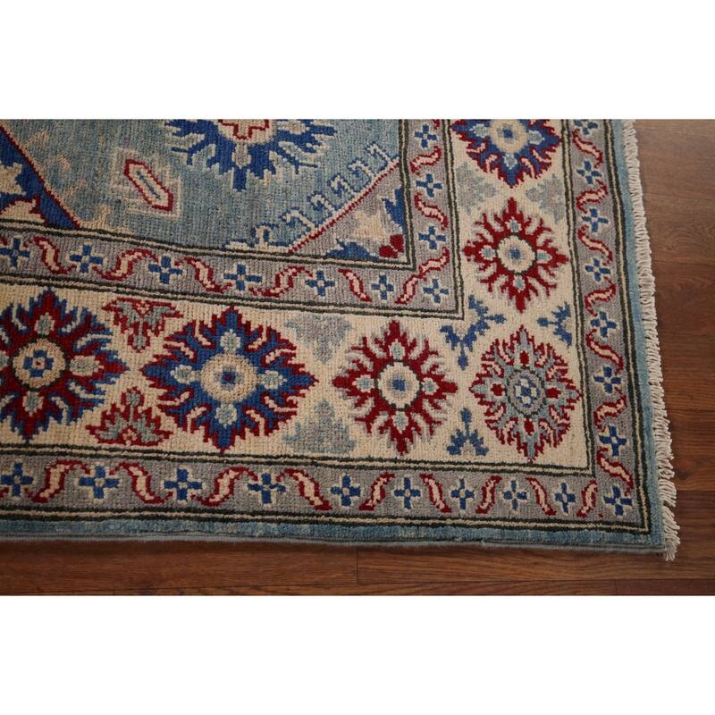 Light Blue Traditional / Geometric Kazak Rug Hand-Knotted Wool Carpet - 5'0" x 6'7"