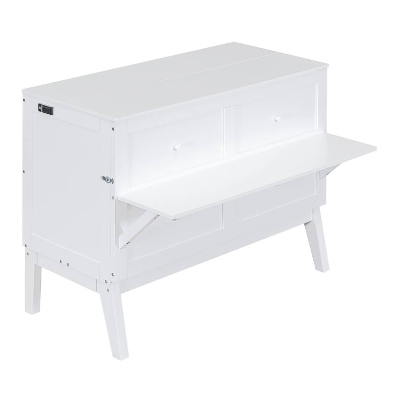 Murphy Cabinet Bed Frame with Charging Station and Shelf / Desk, Wood Foldable Platform Bed Cabinet Bed for Bedroom Guest Room
