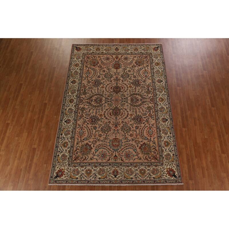 Hand Knotted Oriental 100% Wool Carpet Traditional All-Over Peach Tabriz Area Rug - 11' 2'' X 7' 7''