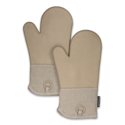 Beige Heat Resistant Thick Soft Quilted Lining Kitchen Oven Glove Mitts With Silicone - 1 pair