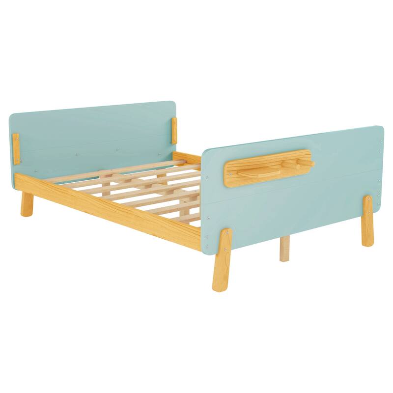 Kids Wood Platform Bed with Guardrails, Bottle Holder and 2 Hanging Rod, Convertible Toddler Daybed, Low Profile Design Frame