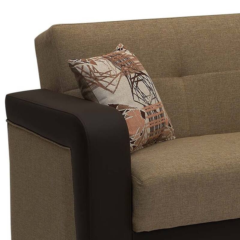 HomeRoots 90" Brown Chenille And Faux Leather Convertible Futon Sleeper Sofa And Toss Pillows With Storage