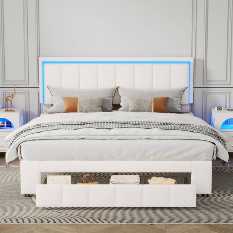 Upholstered Platform Bed with LED Lights and Two Motion Activated Night Lights,Queen Size Storage Bed with Drawer