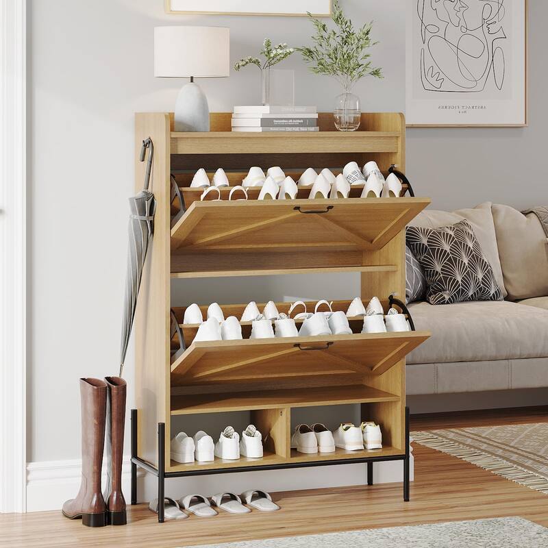 Shoe Cabinet with 2 Flip-Up Drawers, Hidden Shoe Storage Cabinet with Open Storage for Entryway, Hallway, Bedroom
