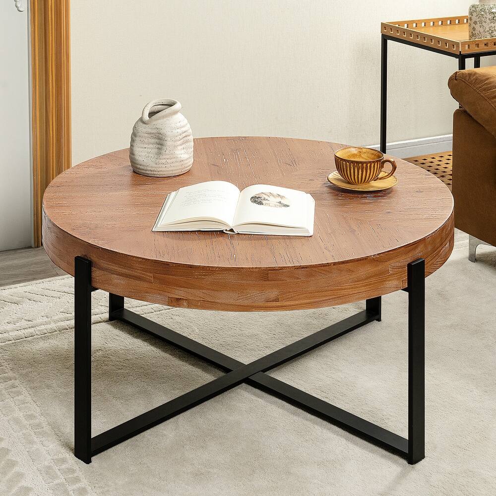 33.86" Modern Retro Splicing Wooden Round Coffee Table with Cross Legs Base.