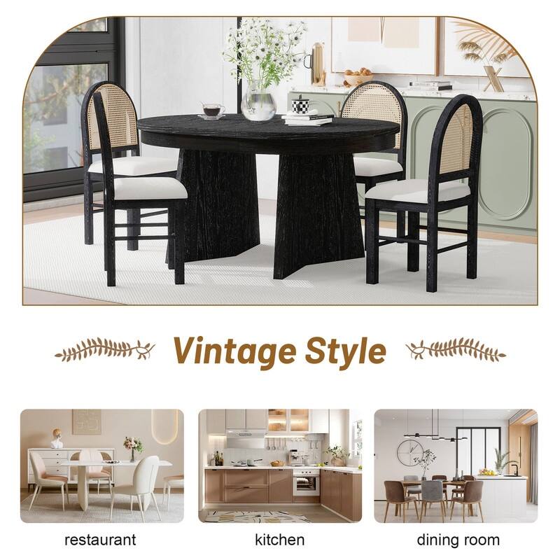 Spruce & Spring Round Dining Table Set for 4, Extendable 5-Piece Mid Century Modern Farmhouse Table with Rattan Chairs