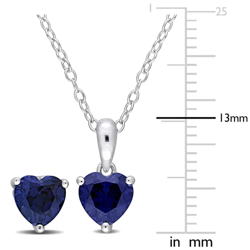 Miadora 2 3/4ct TGW Heart-Shape Created Blue Sapphire Solitaire Necklace & Stud Earrings Set Sterling Silver