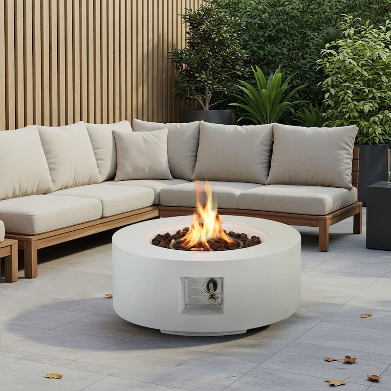 AVAWING 50,000 BTU 30" Outdoor White Round Propane Fire Pit Table and Set (Set Includes Tank Holder)