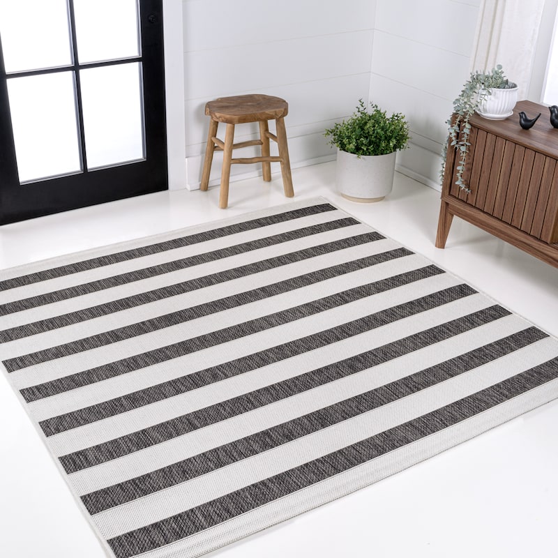 JONATHAN Y Tavira Wide Stripe Indoor/Outdoor Area Rug - 6' Square - Black/Cream