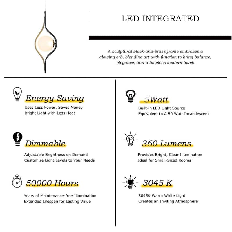 Modern Contemporary 1-Light Black Gold Kitchen Island LED Pendant Lights with Frosted Glass - 6.5" L x 5.5" W x 20" H