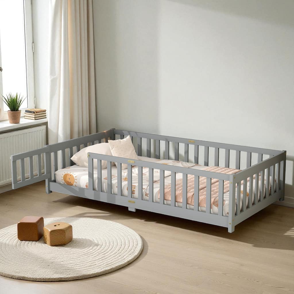 Twin Size Rubber Wood Floor Bed with Fence and Door, Montessori Platform Bed with Safety Guardrails for Kids