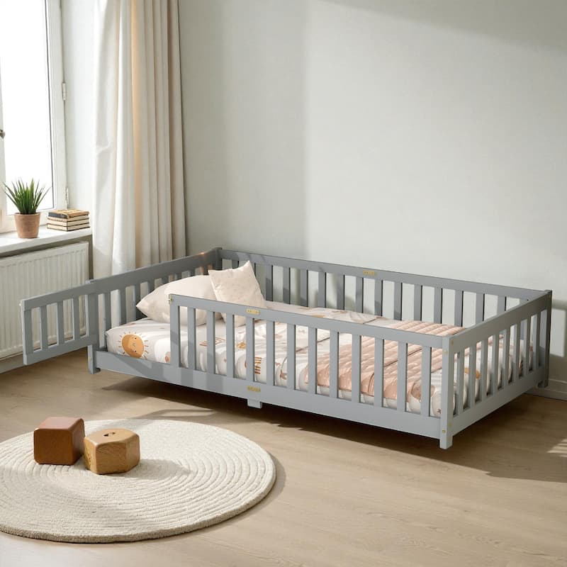 Twin Size Rubber Wood Floor Bed with Fence and Door, Montessori Platform Bed with Safety Guardrails for Kids