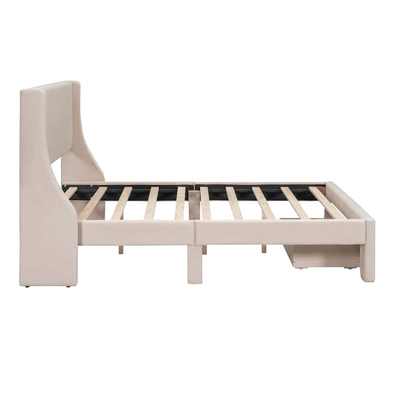 Beige Elegant Velvet Upholstered Storage Platform Bed With Big Drawer ...
