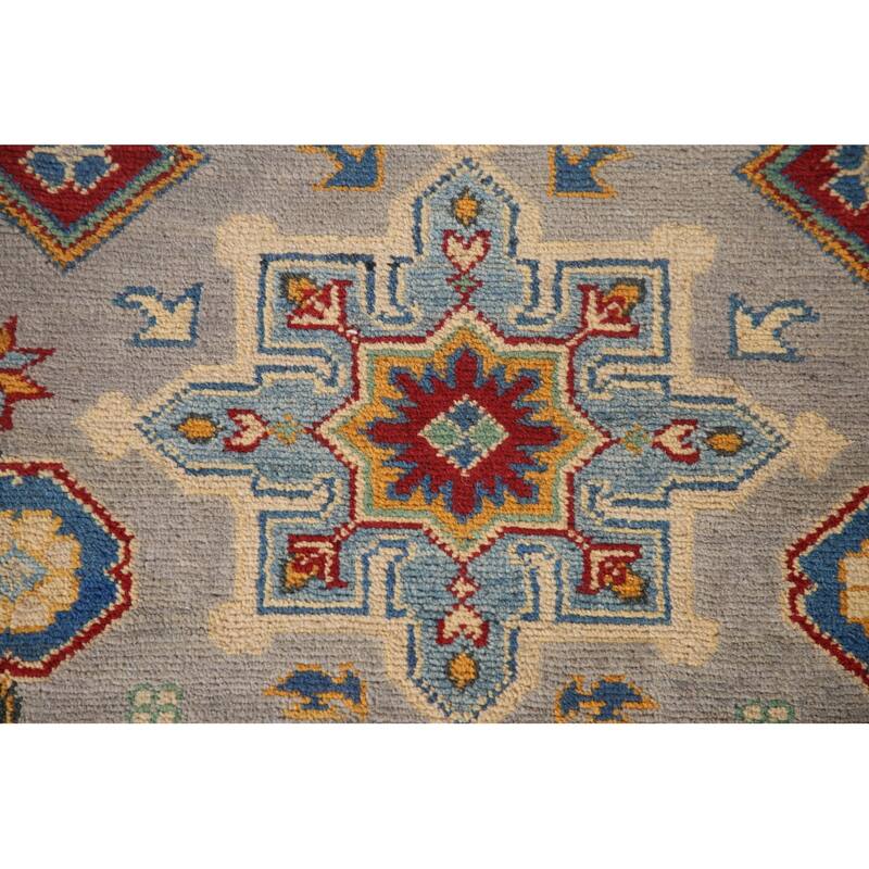 Geometric Kazak Runner Rug Handmade Grey Wool Carpet - 2'8" x 16'3"