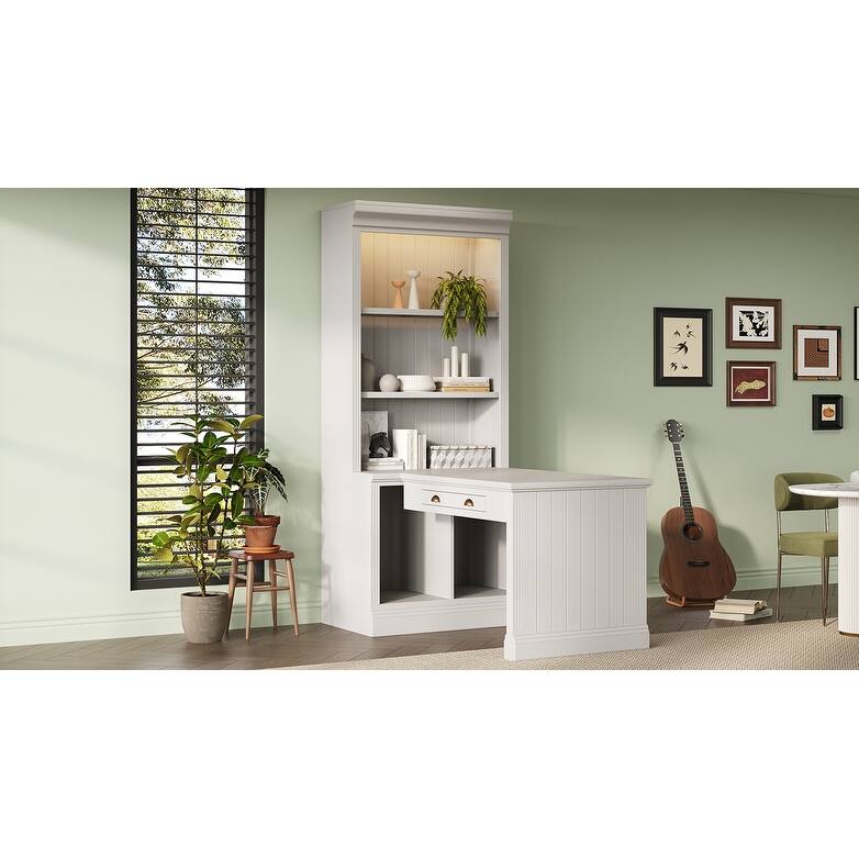 Bookshelf with Writing Desk, Study Desk Workstation with LED Lighting