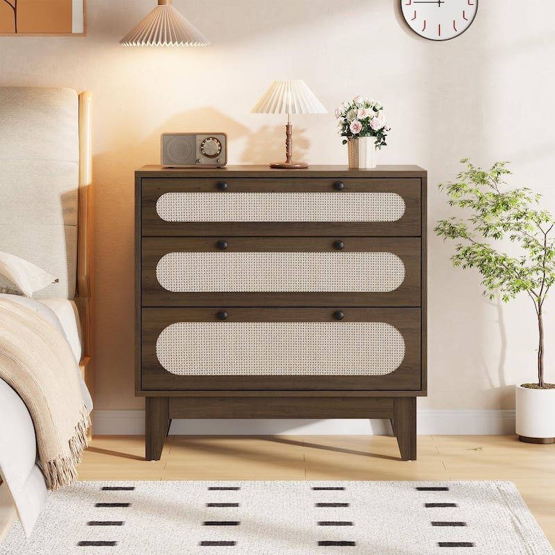 3 Drawer Wood Dresser with Rattan Accents, Modern Wood Storage Chest - Brown