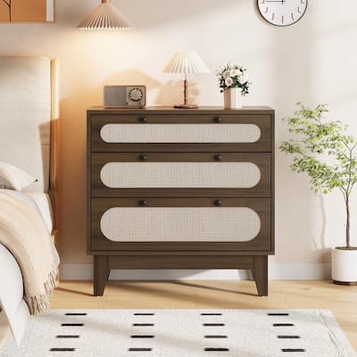 3 Drawer Wood Dresser with Rattan Accents, Modern Wood Storage Chest