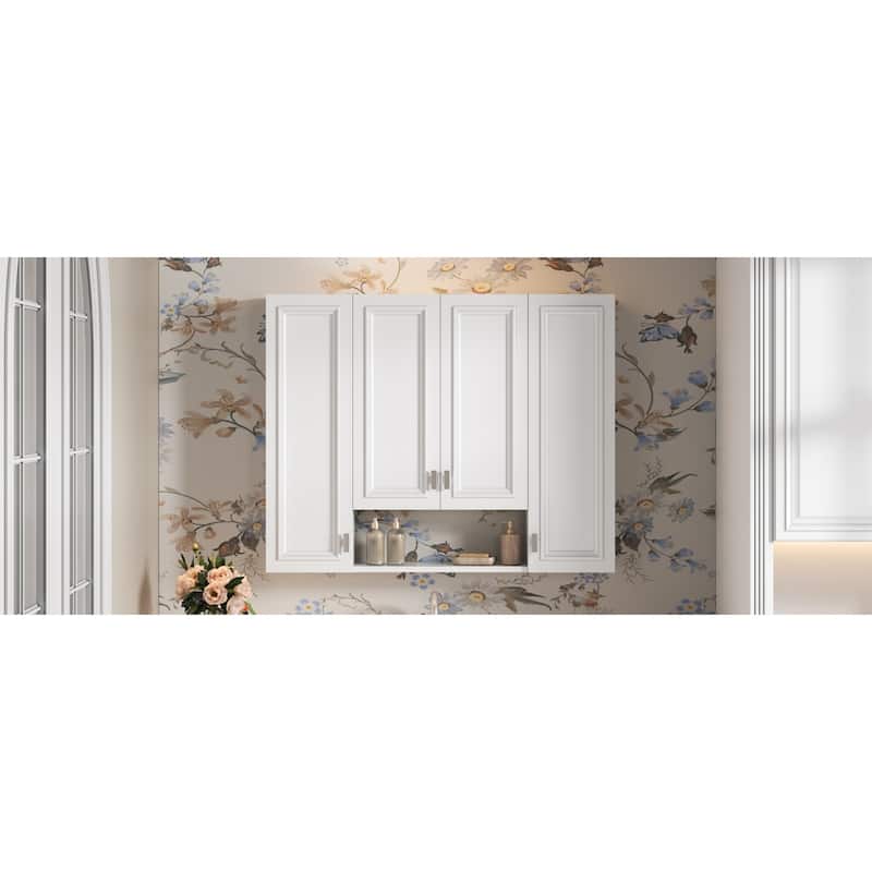 Roomfitters Wall Mounted Medicine Cabinet with 5 Adjustable Shelves, Modern Mirror Storage with Open Shelving, White