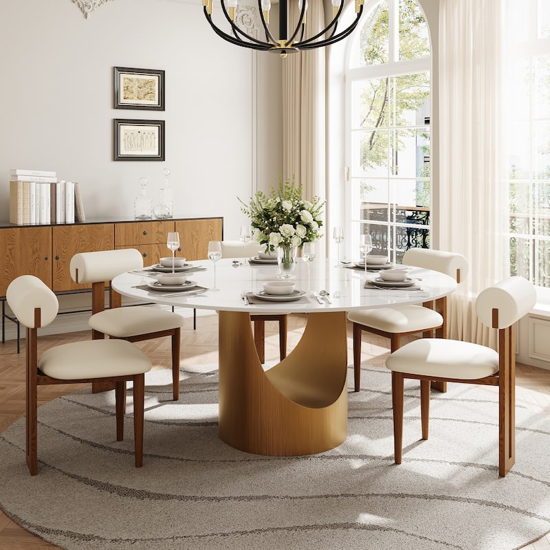 51 &59" Modern Round Dining Table for Diningroom，White Glossy Stone Tabletop,Bronze Carbon Pedestal