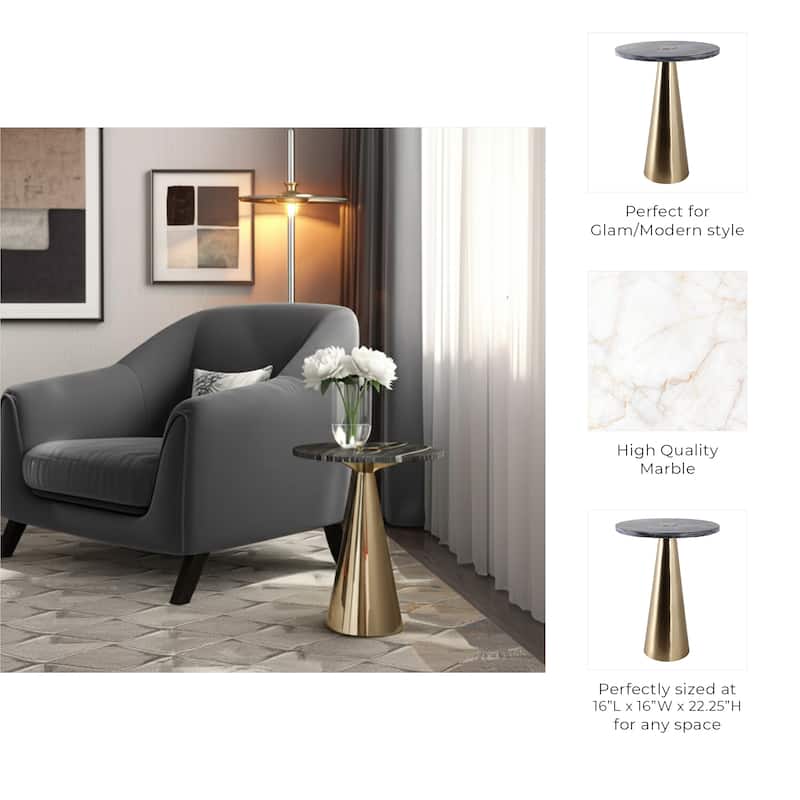 Marble Metal Side Table Round Top Sleek Narrow Base - 22" Grey - 22.25"