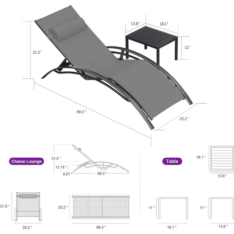 PURPLE LEAF Patio Chaise Lounge Set Outdoor Beach Pool Sunbathing Lawn Lounger Recliner Chair Side Table Included