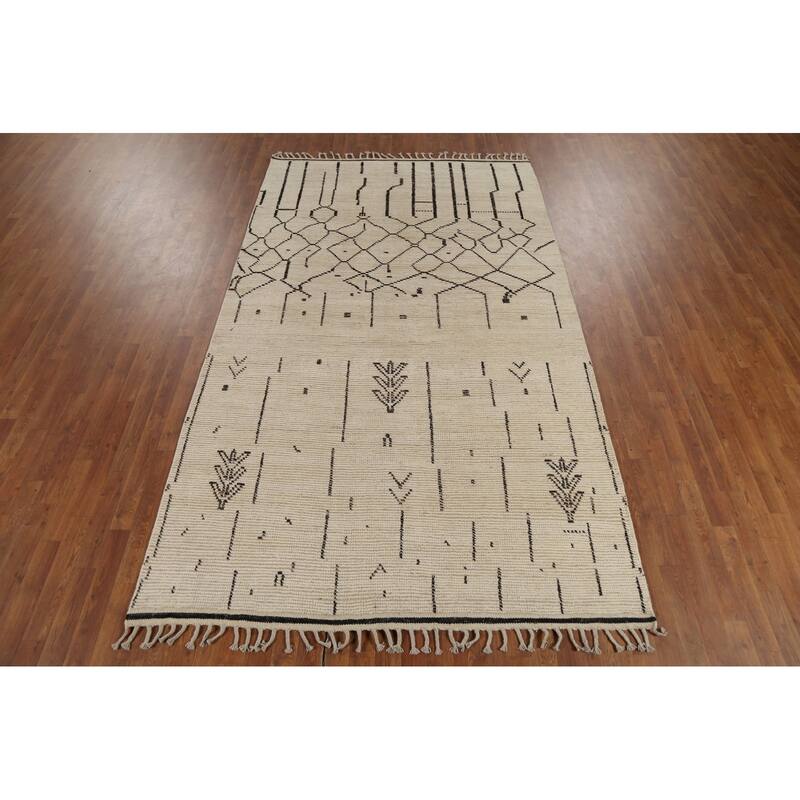 Ivory Moroccan Abstract Area Rug Handmade Wool Carpet - 5'9"x 9'10"