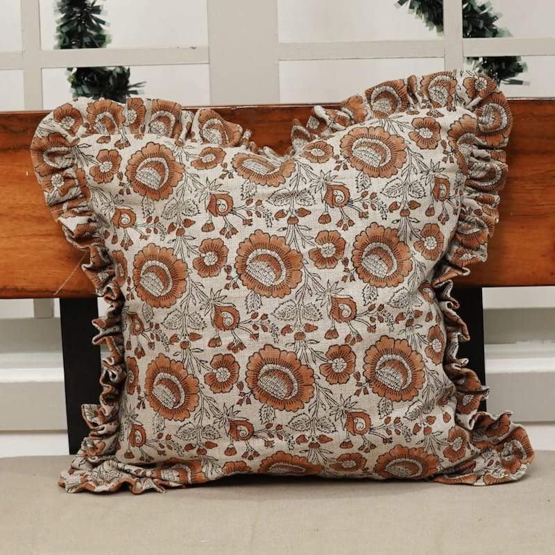 Fabdivine Heavy Linen Floral Ruffled Both Side Cushion Cover Home Décor Accent
