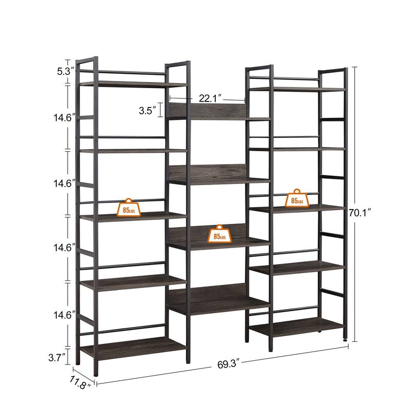 Industrial Style Metal Frame Triple Wide 5-shelf Bookshelves with Large Open Storage