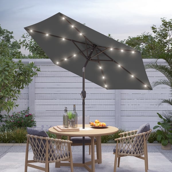7 foot patio furniture umbrella with lights FLAME&SHADE 7.5 FT Solar Light Umbrella, 24 LED Outdoor Centre Surround Light, Table Umbrella Outdoor Patio for Deck, Pool, Backyard, Garden, UV Protection (Aqua Blue) coated steel Canopy Shape JOYESERY 11 x 7 ft.