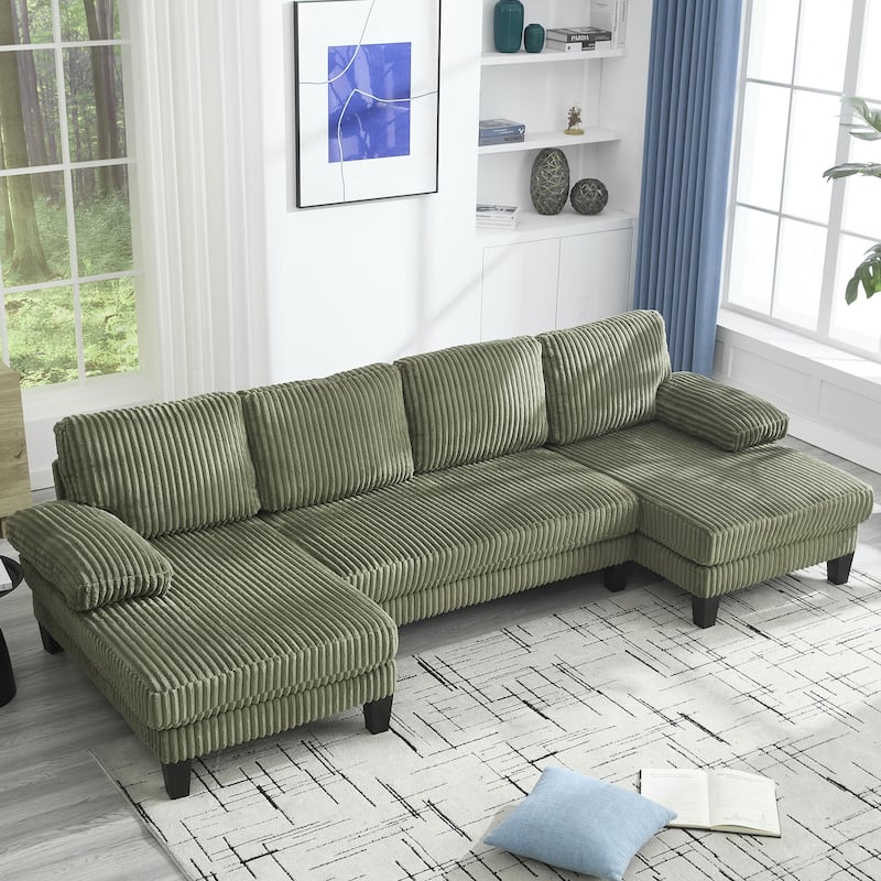 Symmetrical Corduroy Double Chaise Couch U-shaped Sectional Sofa - Green