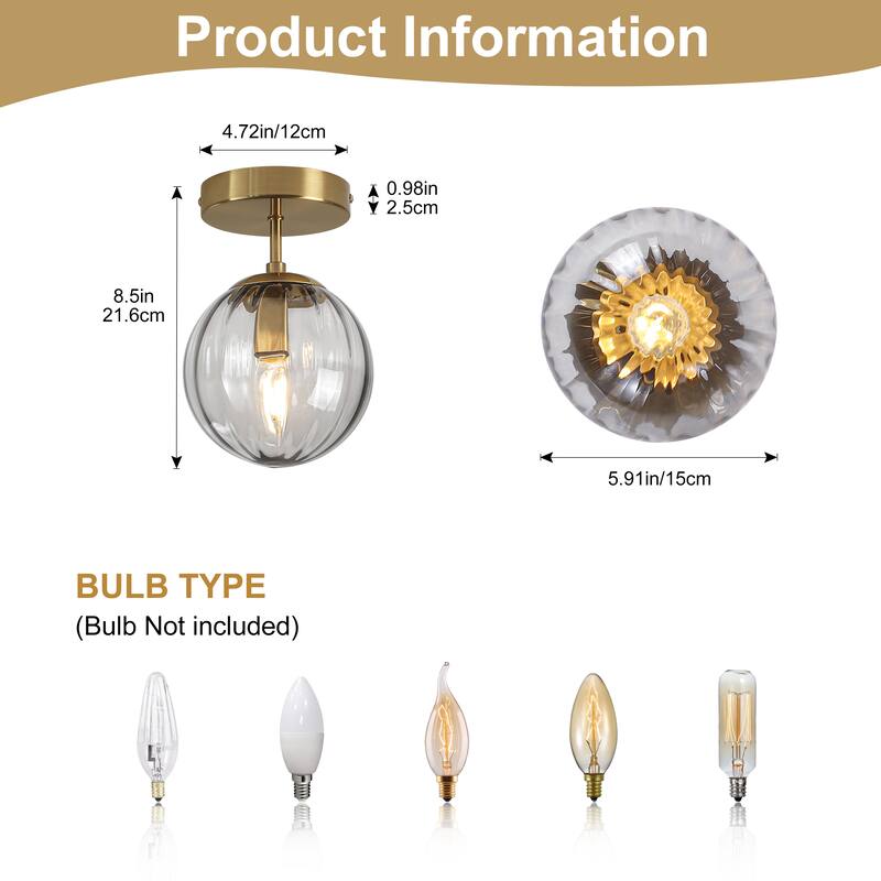 Modern Single Semi Flush Ceiling Light with Metal Base & Ribbed Gray Glass Globe Shade