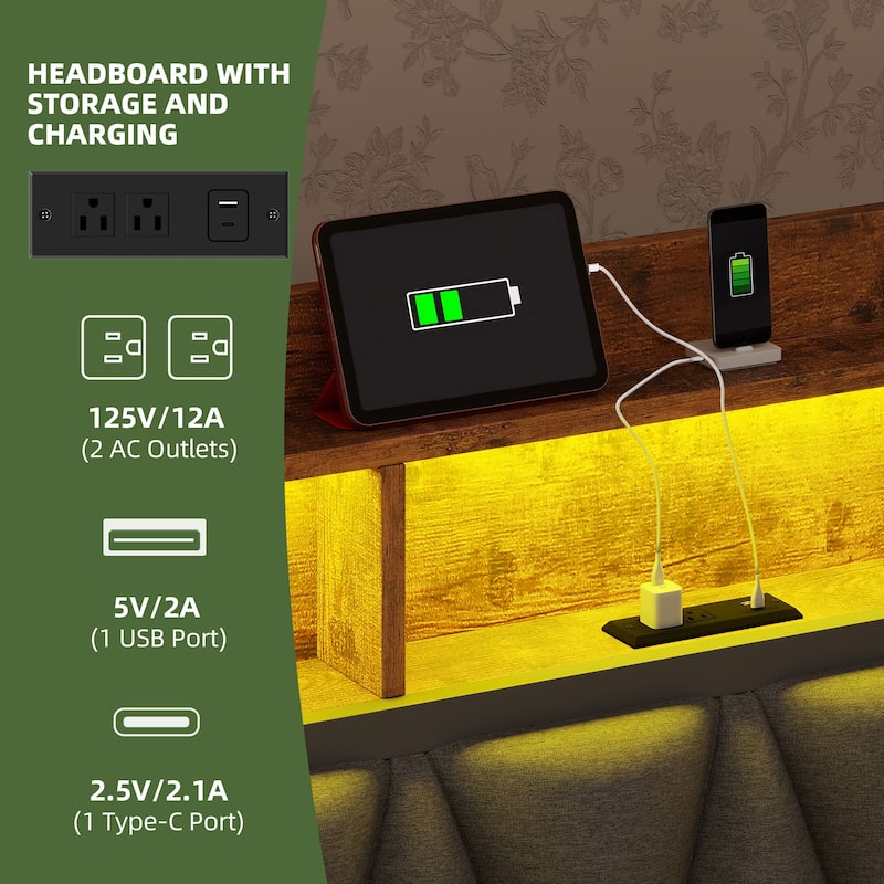 Twin Size Daybed with Trundle Heavy Duty Metal Frame RGB LED Lights Bookcase Headboard and Charging Station