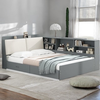 L-Shaped Platform Bed with Storage Headboard with Left Shelf and 2 Drawer