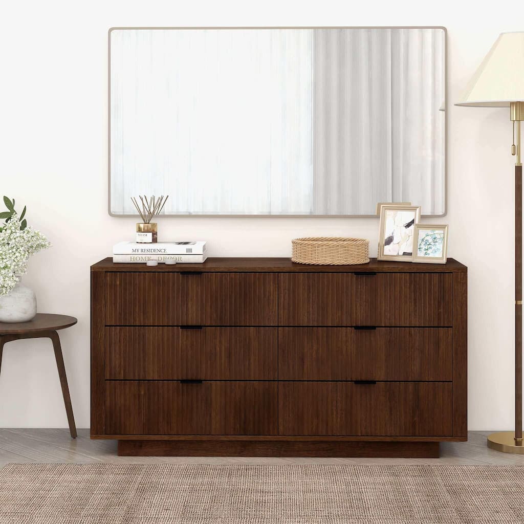 6 Drawer Dresser with Fluted Panel, Curved Clothing Organizer, Multi-functiona Wooden Cabinet Table for Living Room, Hallway