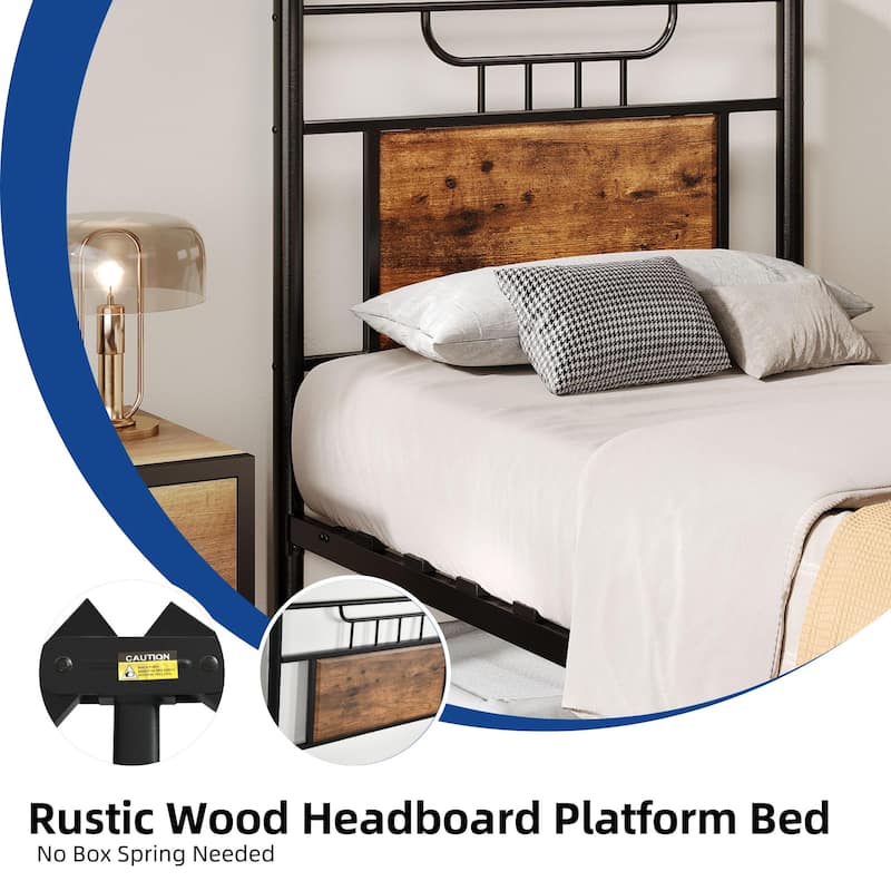 Industrial Wood Bed Frame with Headboard